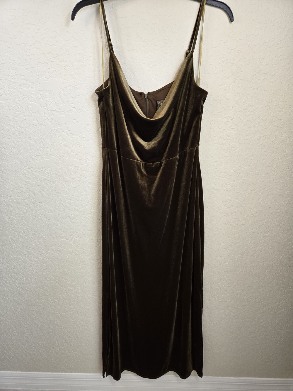 Taylor Olive Bronze Velvet Cowl Neck Spaghetti Strap Midi Dress Side Slits